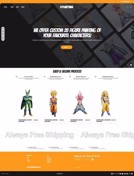 Website offering custom 2D figure painting with Dragon Ball character examples and purchase steps.