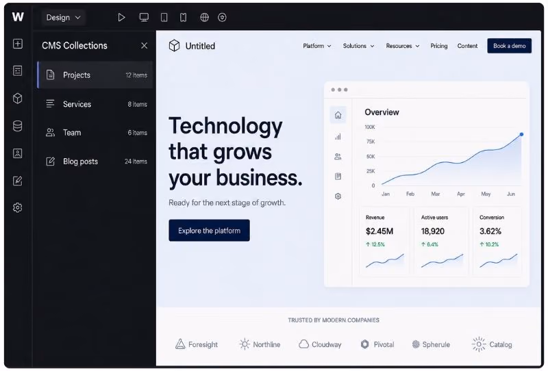 Dashboard showing CMS collections menu and a platform overview with revenue, users, and growth charts.