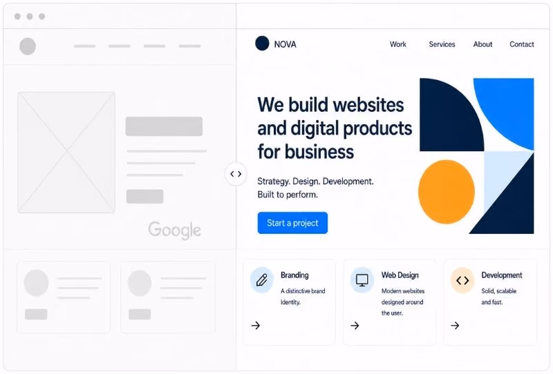 NOVA webpage design showcasing digital product services: branding, web design, and development.