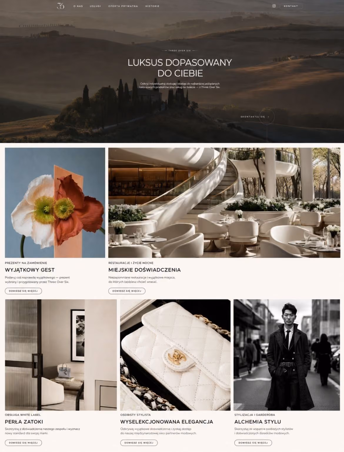 Luxury lifestyle website showing bespoke services, dining, fashion, gifting, and elegant interiors.