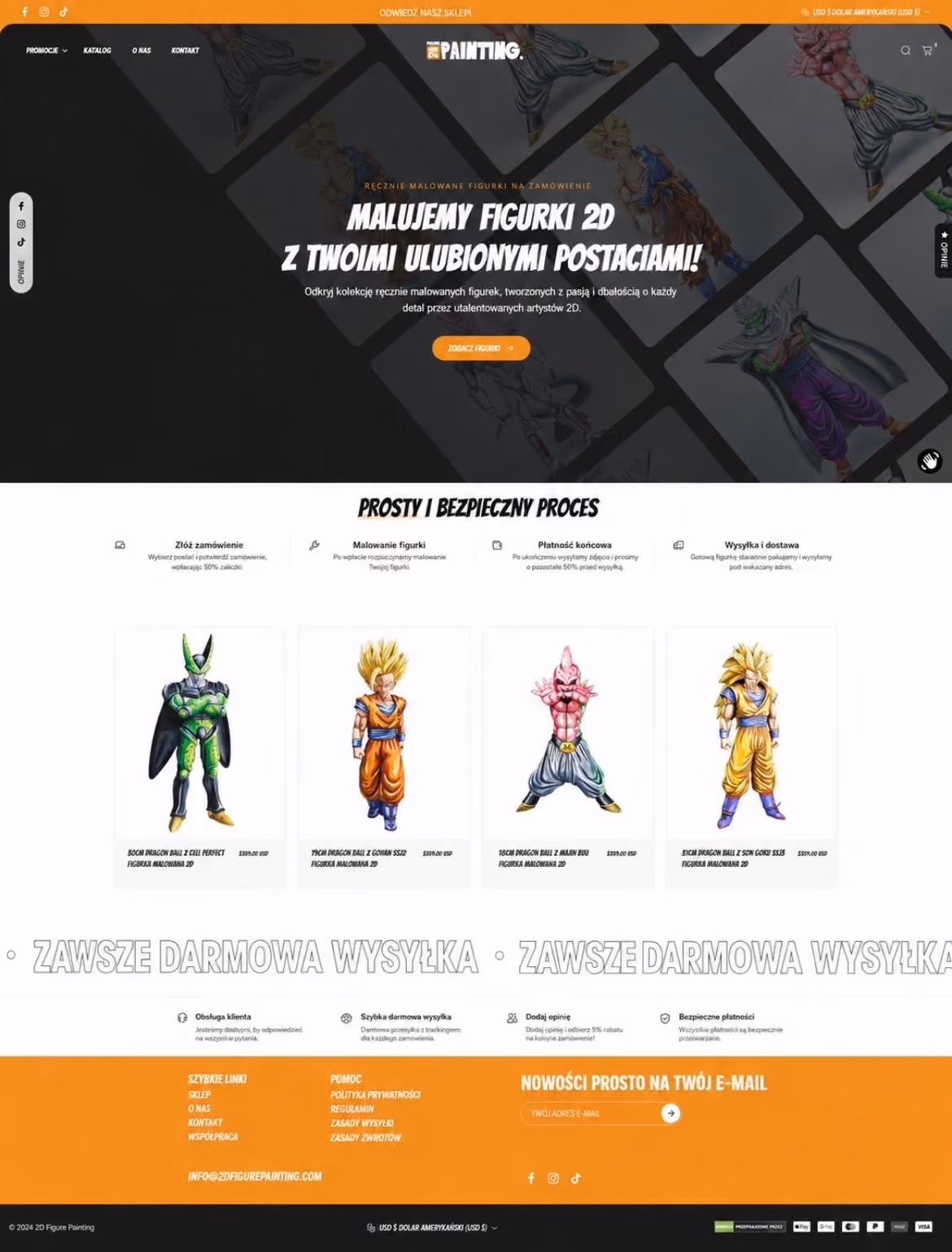 Website offering custom 2D figure painting with Dragon Ball character examples and purchase steps.