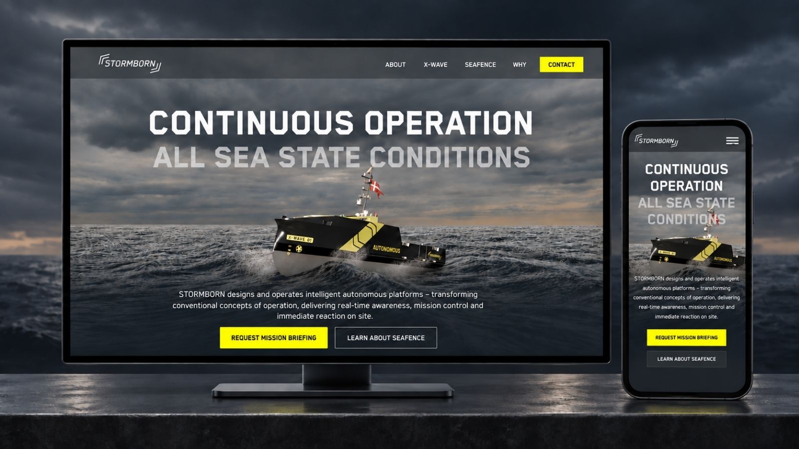 Autonomous vessel labeled X WAVE 01 sailing on choppy sea under a cloudy sky with navigation options above.
