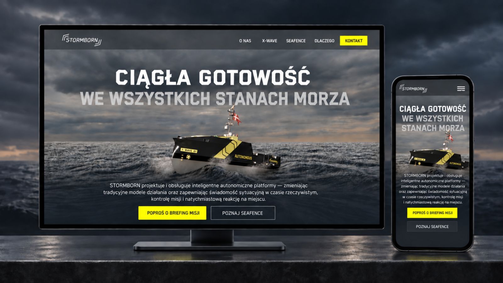 Strona internetowa Stormborn w wersji polskiej na komputerze i telefonie.