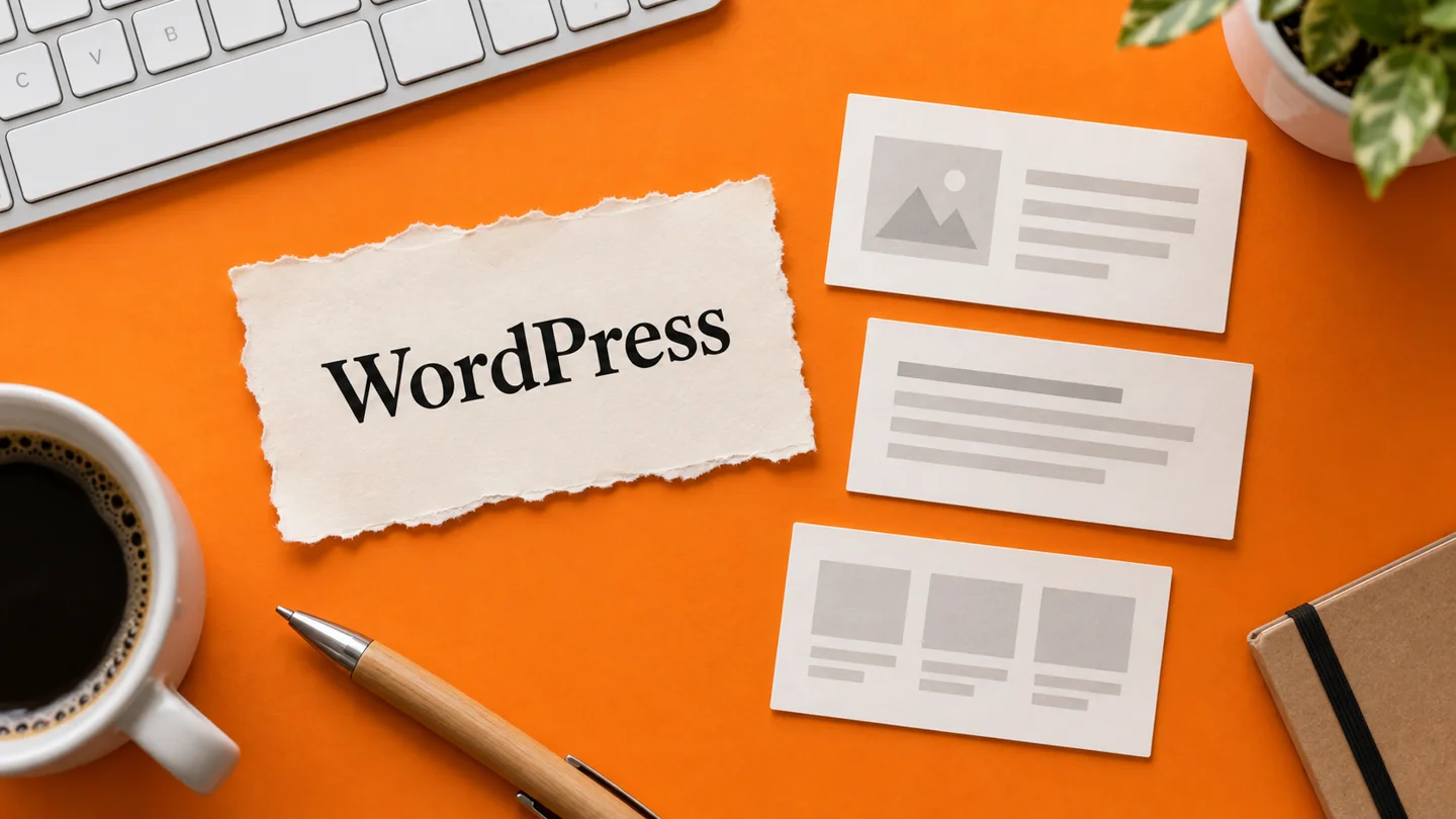 WordPress na papierowej karcie obok klawiatury i elementów układu strony.