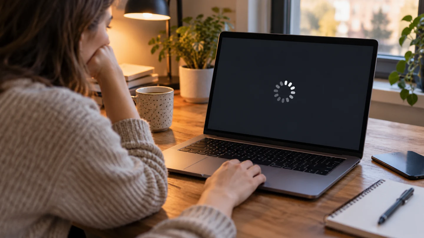 Osoba przy laptopie ze wskaźnikiem postępu na ekranie.