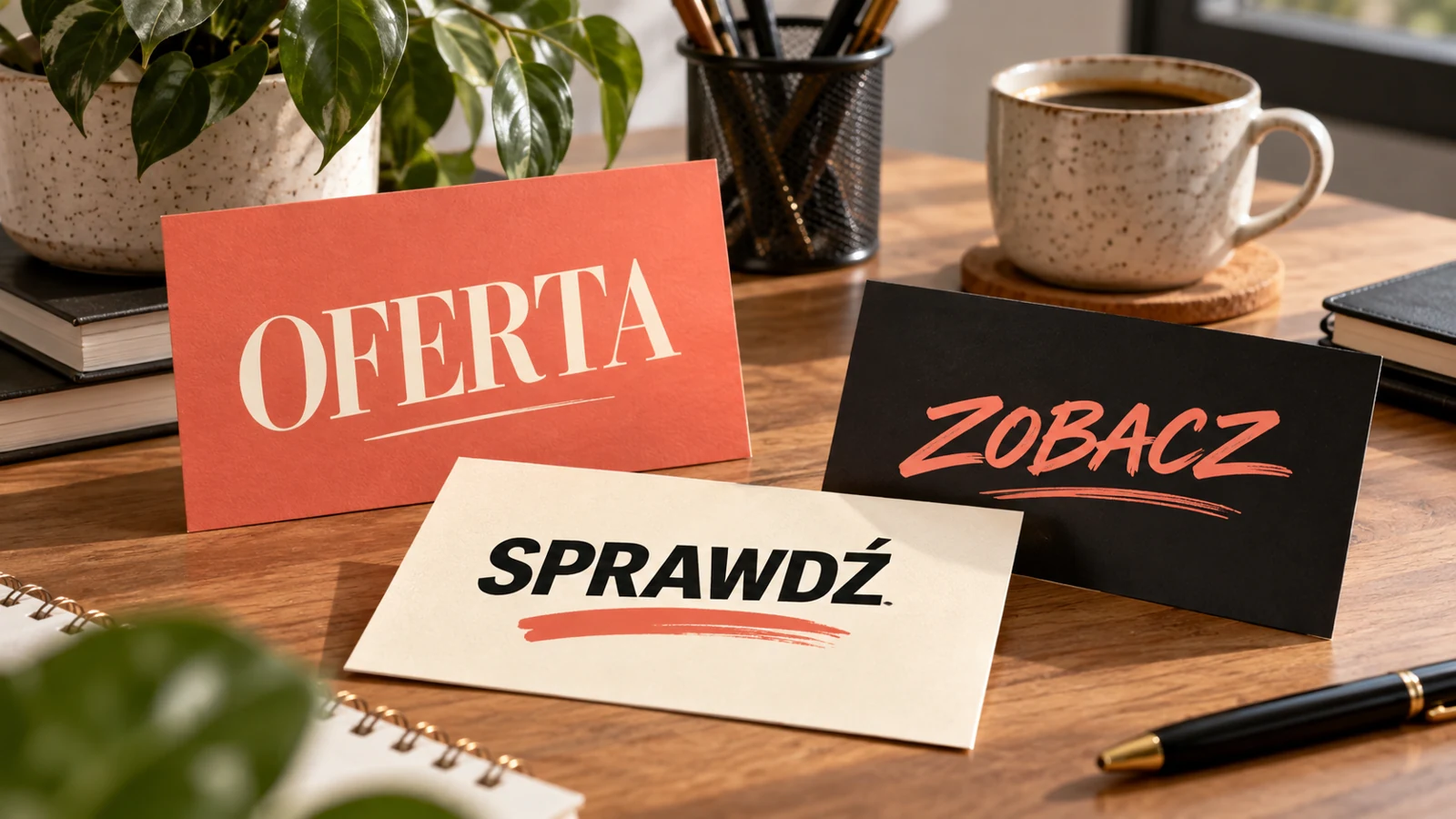 Polskie materiały promocyjne z napisami Oferta, Sprawdź i Zobacz.