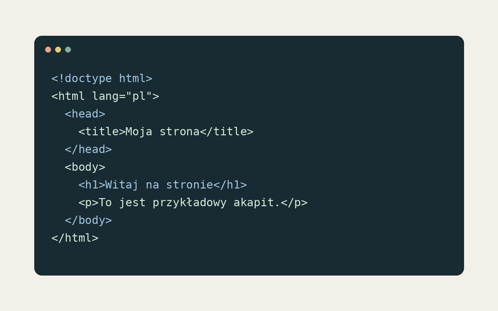 Przykład dokumentu HTML z polskim tytułem, nagłówkiem i akapitem.