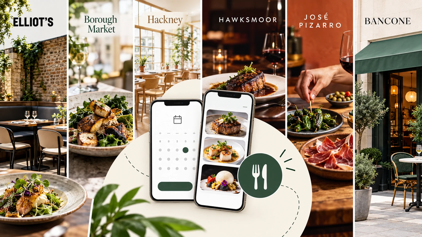 Ilustracyjny kolaż restauracji i mobilnej rezerwacji stolika.