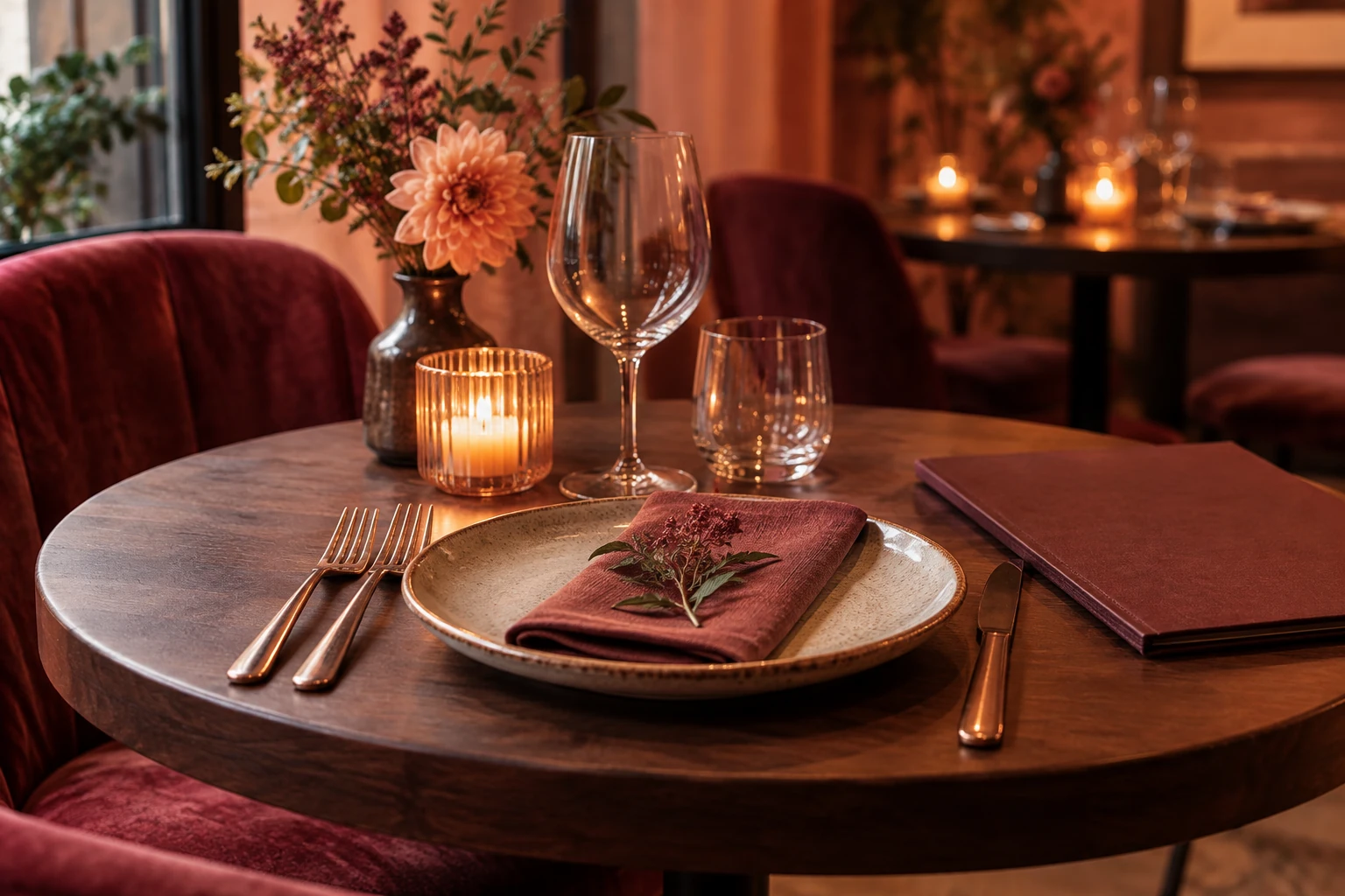 Nakryty stół restauracyjny z menu i ciepłym światłem.