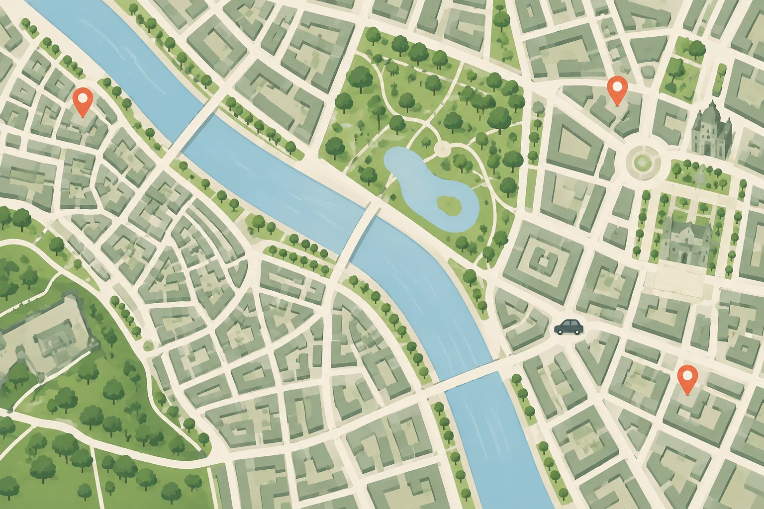 Mapa miasta z punktami odbioru samochodu.