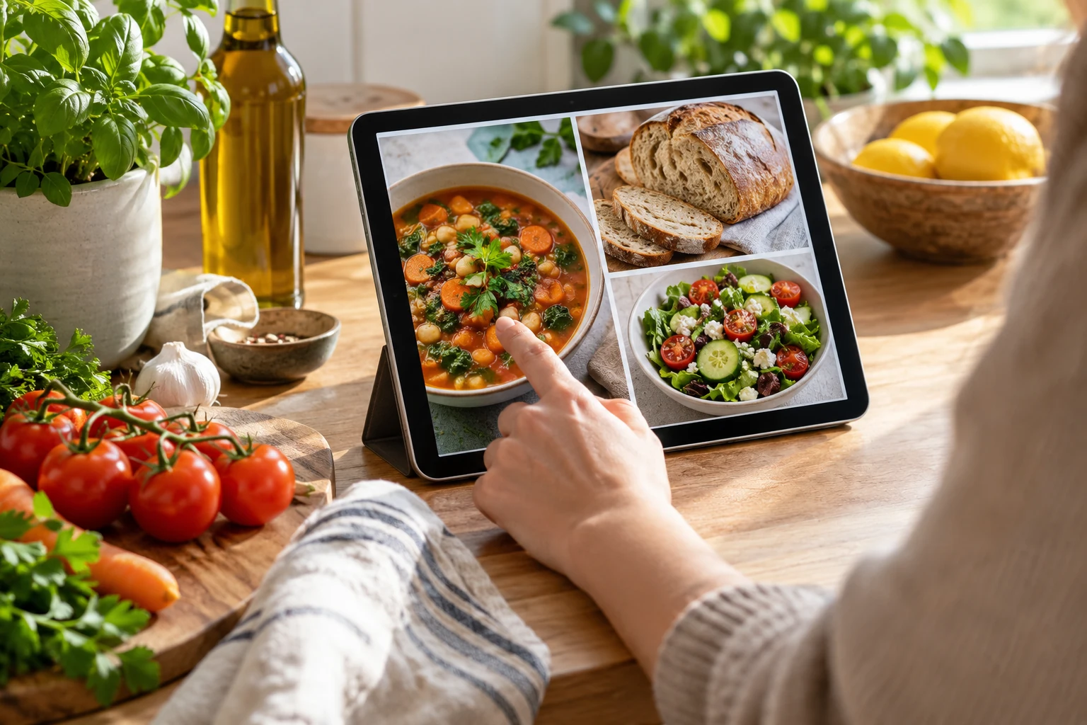 Tablet z dużymi fotografiami potraw na kuchennym blacie.