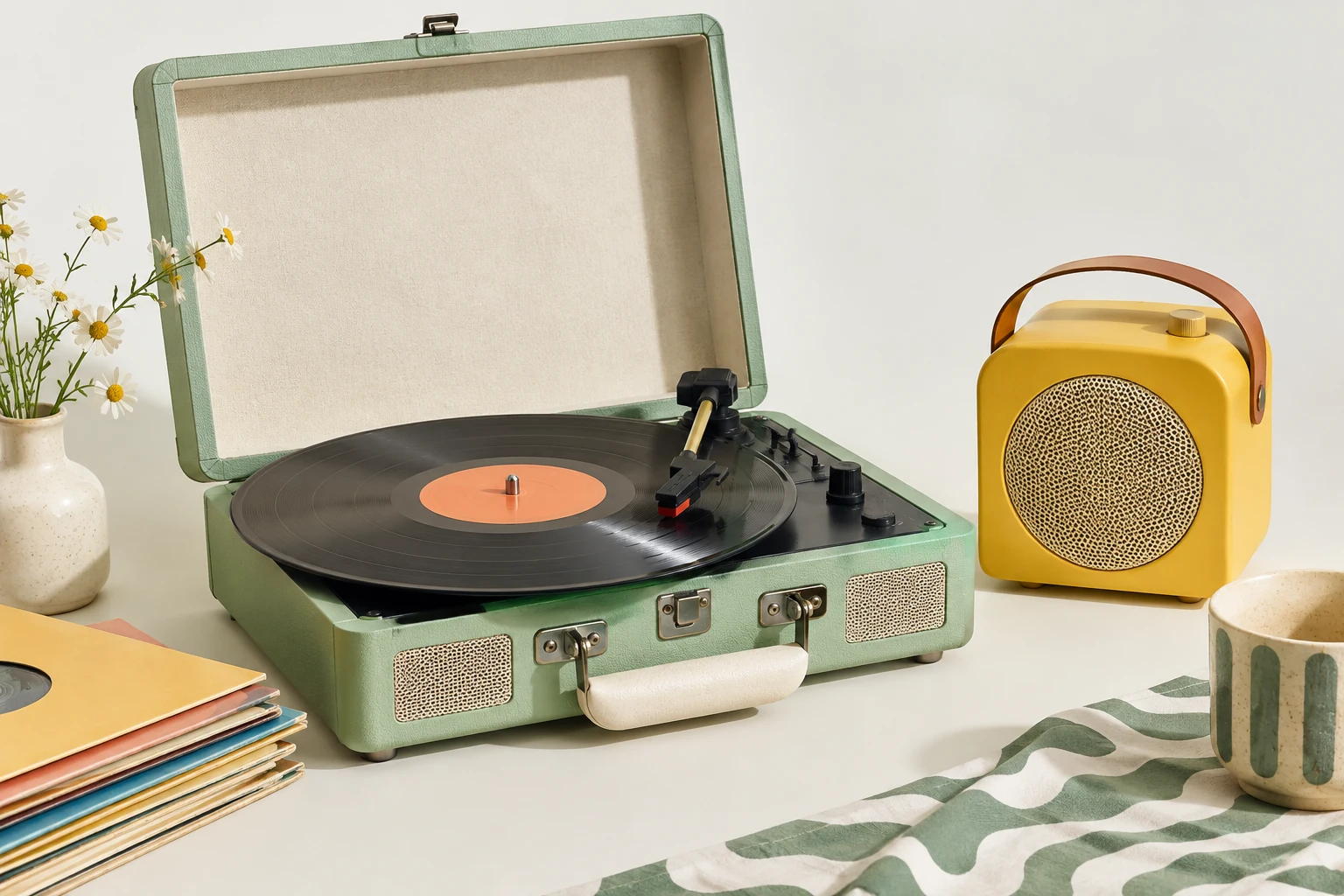 Gramofon i głośnik w kompozycji inspirowanej projektem dla branży muzycznej.