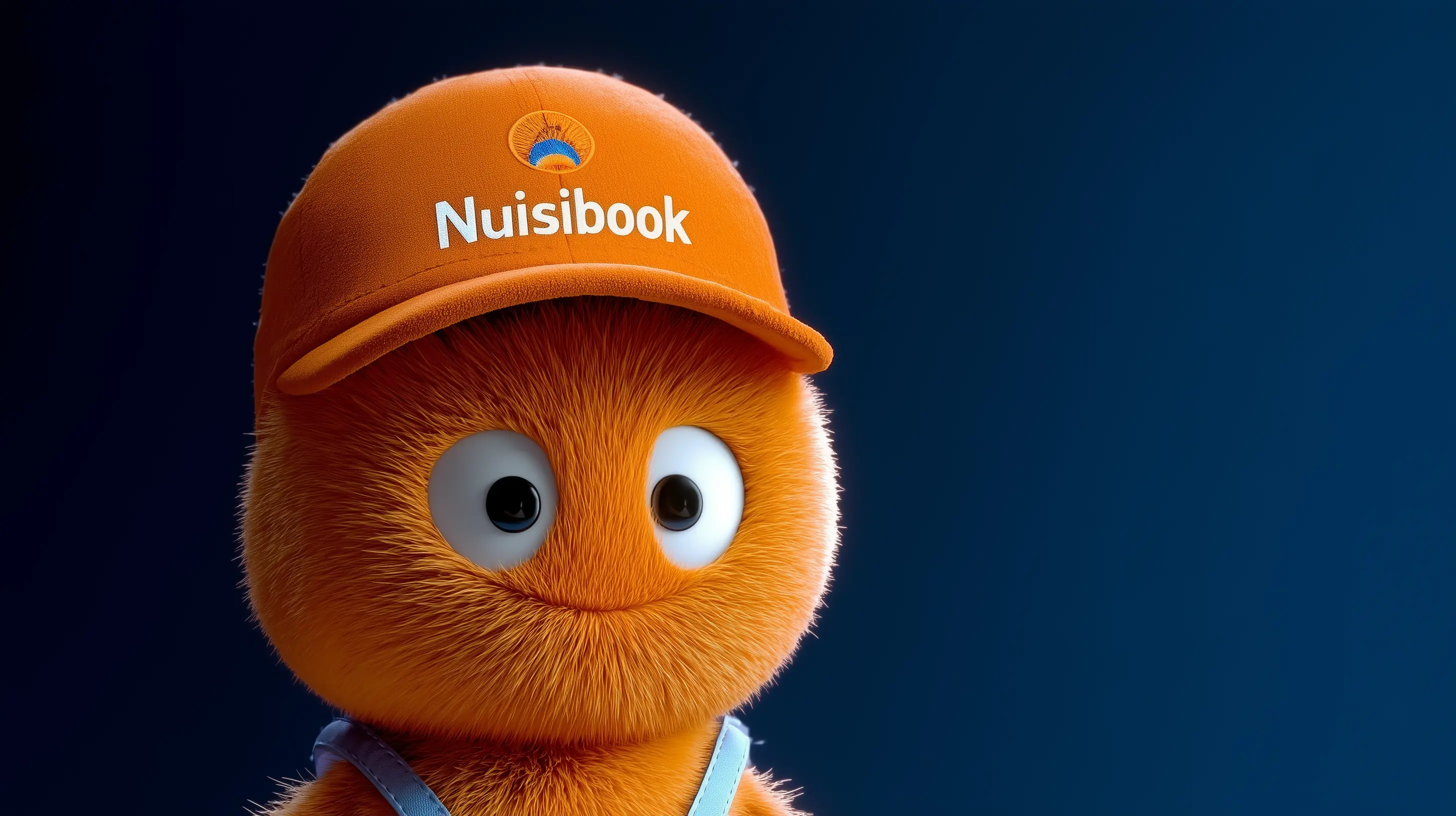 Oggy, mascotte officielle de Nuisibook — peluche orange souriante portant une casquette orange marquée Nuisibook, symbole de la plateforme française de dératisation, désinsectisation et désinfection. Représentation conviviale et rassurante de l’expertise et de la fiabilité des services Nuisibook.