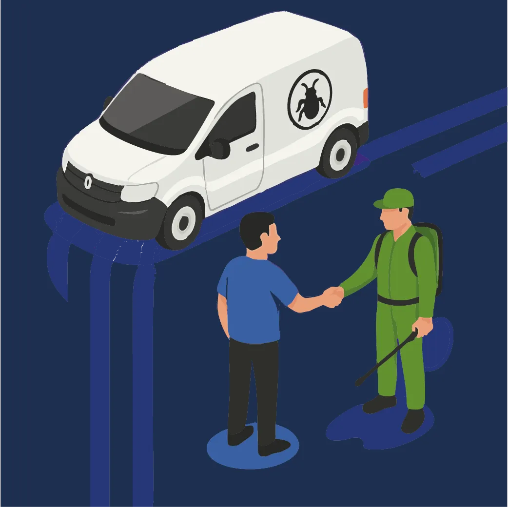 Illustration d'une camionnette avec un professionnel Nuisibook et un client qui se sert la main