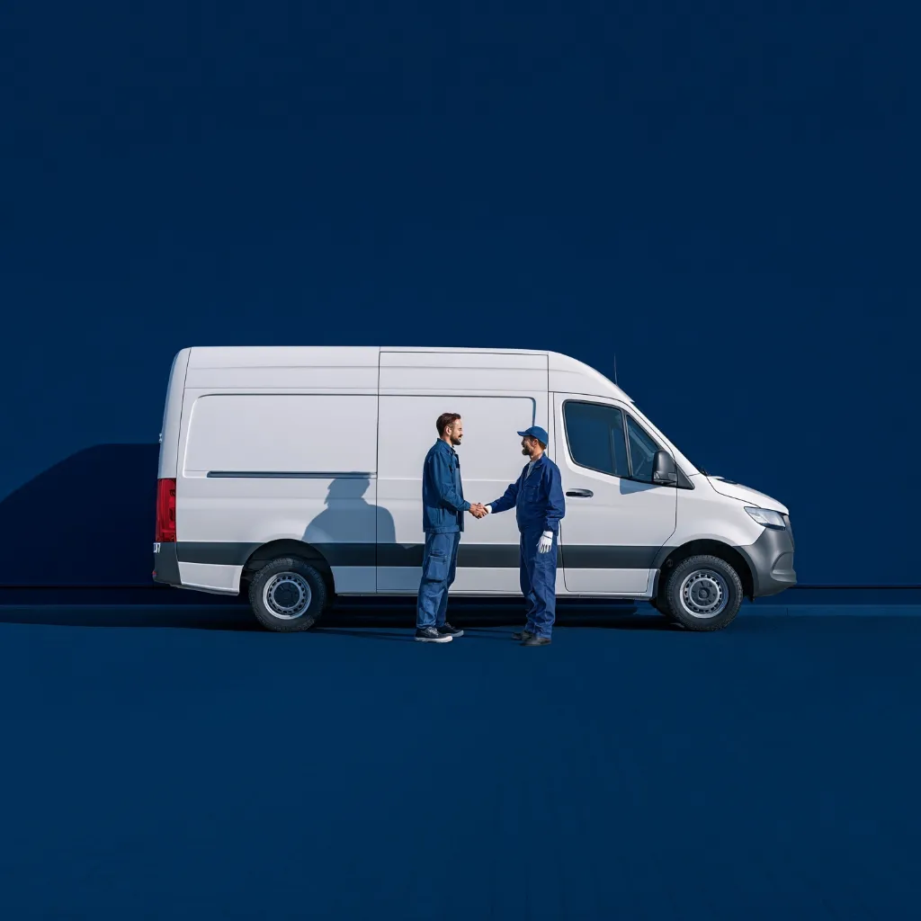 Illustration d'une camionnette avec un professionnel Nuisibook et un client qui se sert la main