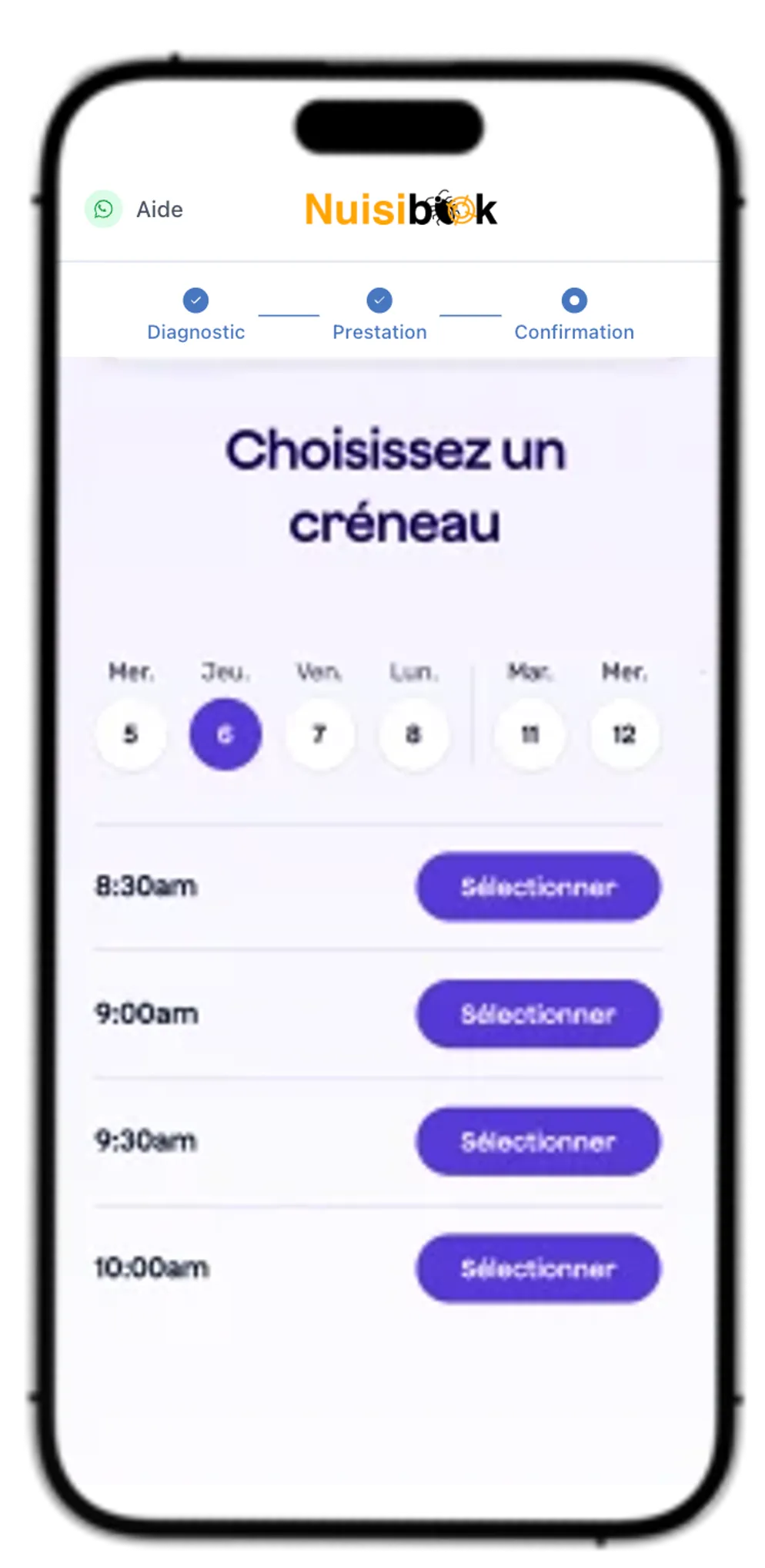 Illustration d'un client qui choisit un créneau pour son rendez-vous Nuisibook depuis l'application