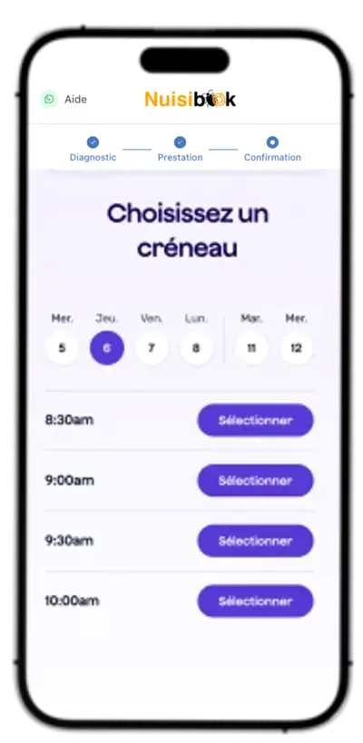 Illustration d'un client qui choisit un créneau pour son rendez-vous Nuisibook depuis l'application