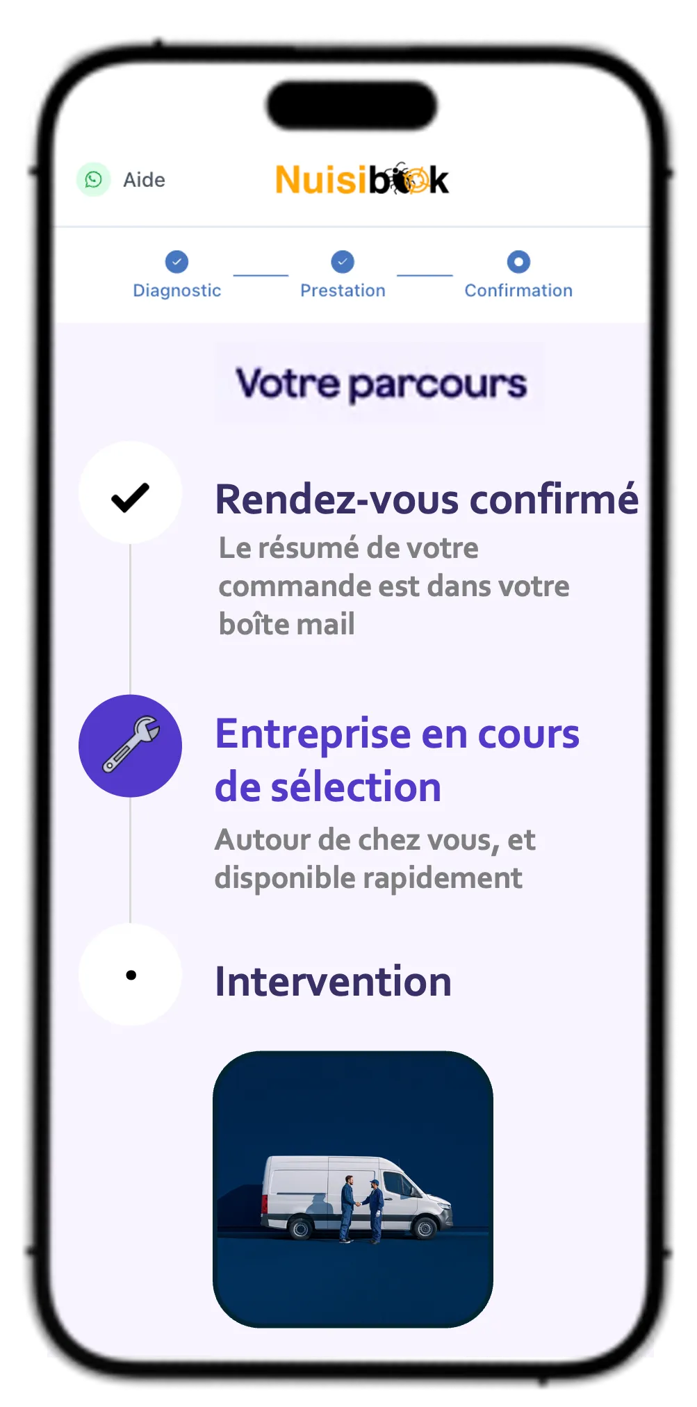 Illustration de l'application Nuisibook qui confirme le rendez-vous pris par le client