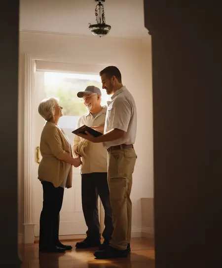 Un homme en uniforme tenant une tablette discute avec un couple âgé souriant devant la porte d'entrée d'une maison.