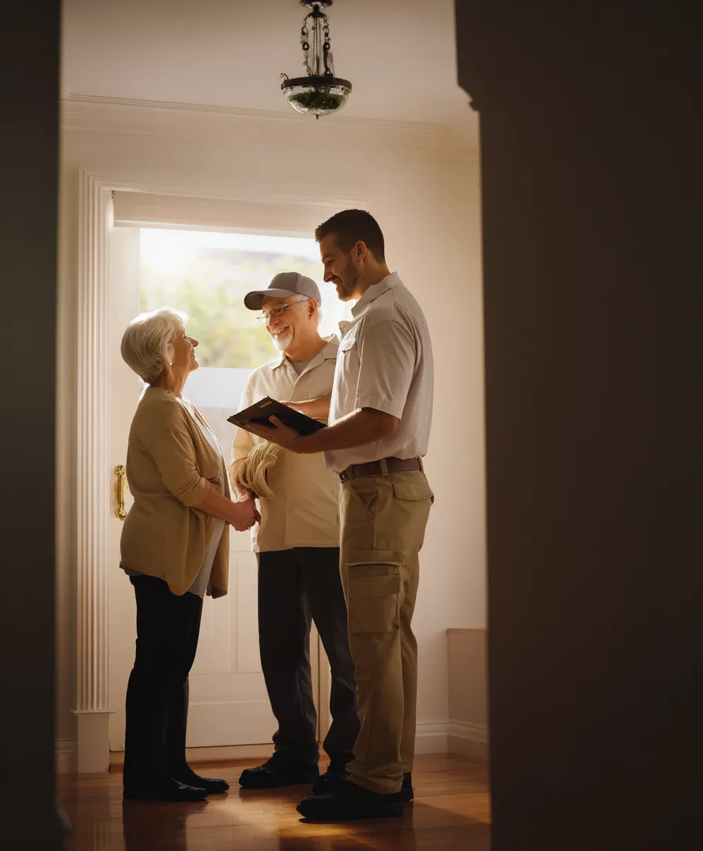 Un homme en uniforme tenant une tablette discute avec un couple âgé souriant devant la porte d'entrée d'une maison.