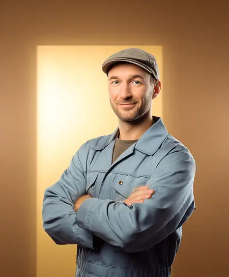 Technicien souriant en blouse bleue et casquette grise, bras croisés devant un fond beige lumineux.