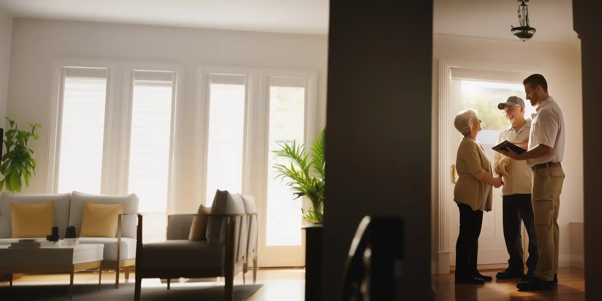 Un jeune homme en uniforme discute avec un couple âgé près de la porte d'entrée dans une maison bien éclairée.