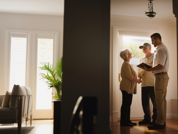 Un jeune homme en uniforme discute avec un couple âgé près de la porte d'entrée dans une maison bien éclairée.