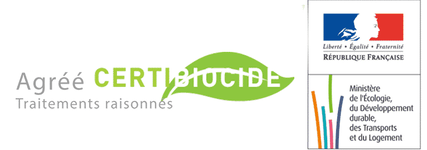 Logo Certibiocide avec texte Agréé Traitemens raisonnés et logo de la République Française avec drapeau tricolore et mention Ministère de l'Écologie, du Développement durable, des Transports et du Logement.