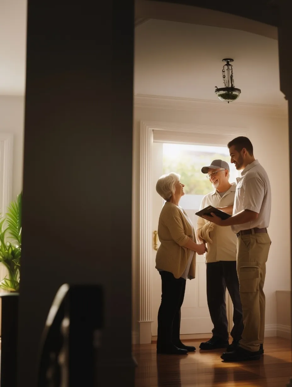 Un jeune homme en uniforme discute avec un couple âgé près de la porte d'entrée dans une maison bien éclairée.