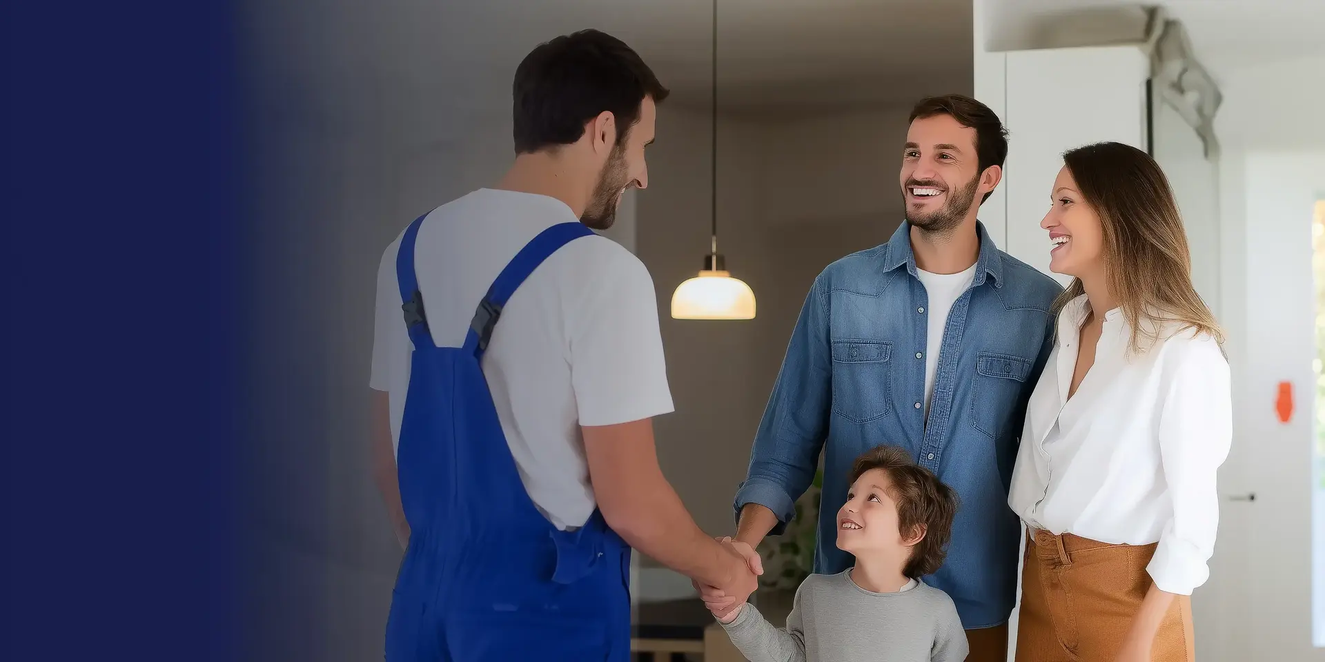 Un technicien en salopette bleue serre la main d'un homme souriant accompagné de sa femme et de leur enfant dans une maison.