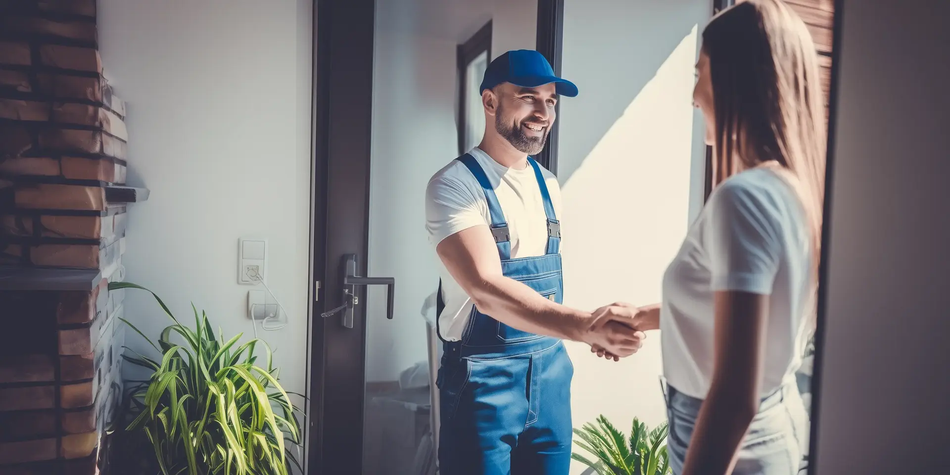 Un homme en salopette bleue serre la main d'une femme à l'entrée d'une maison lumineuse.