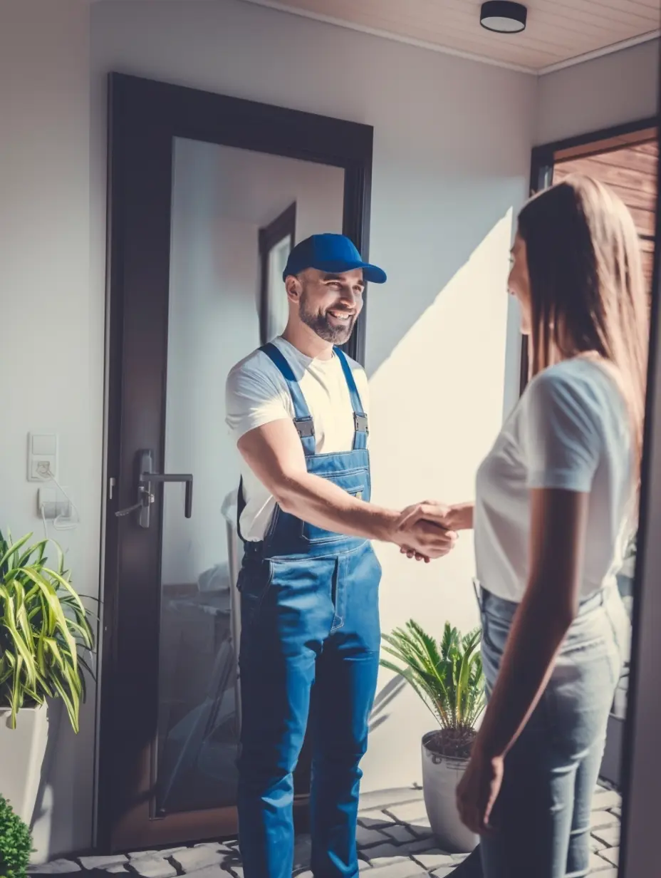 Un homme en salopette bleue serre la main d'une femme à l'entrée d'une maison lumineuse.