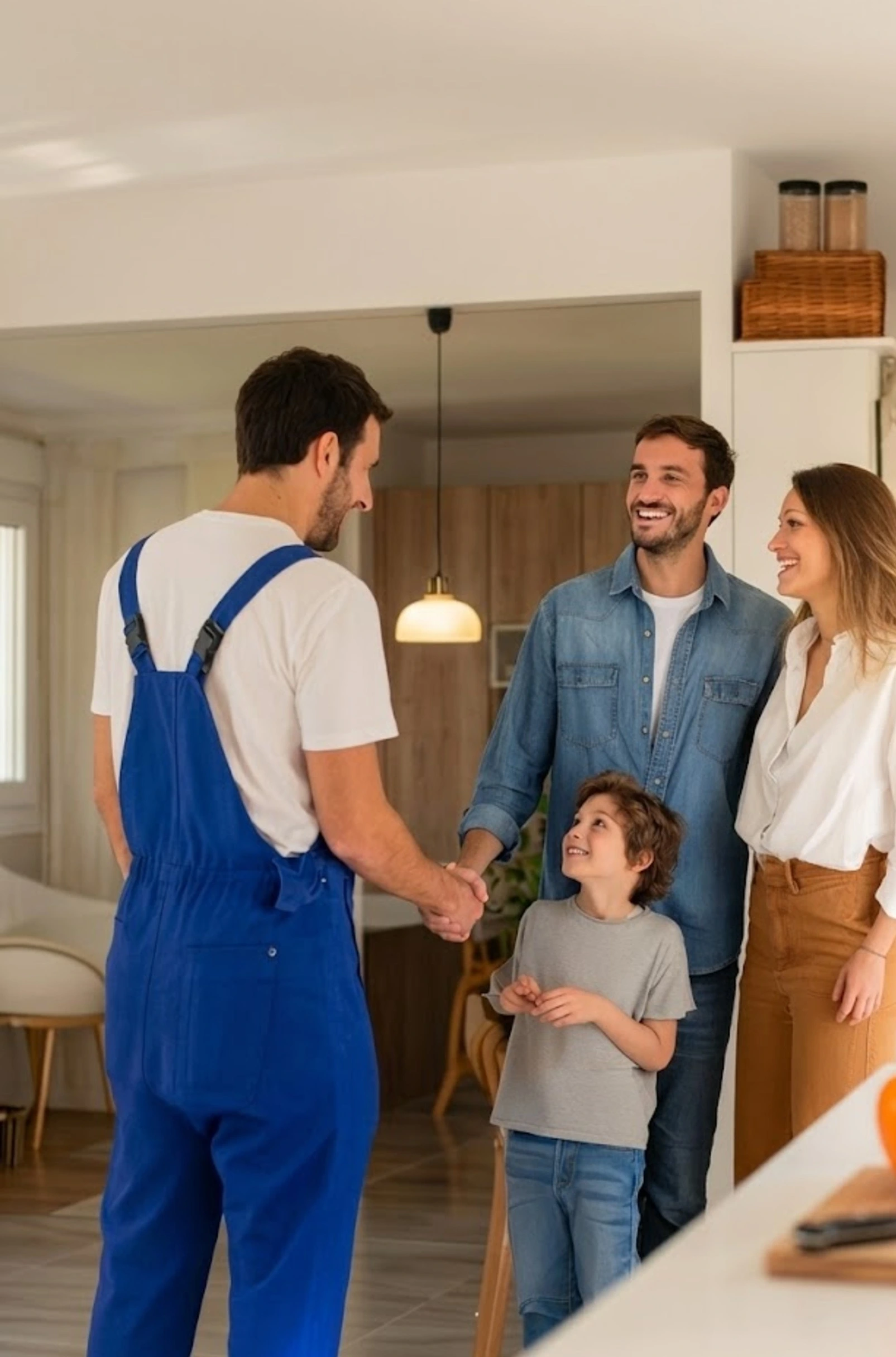 Un technicien en salopette bleue serre la main d'un homme souriant accompagné de sa femme et de leur enfant dans une maison.