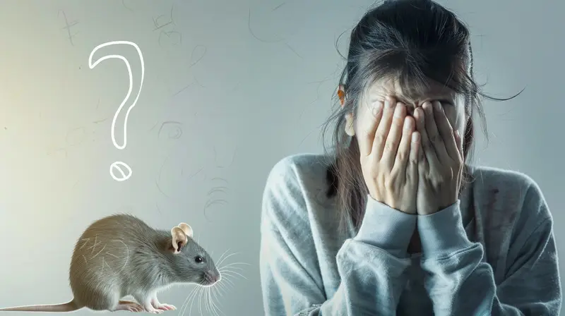 Femme stressée se couvrant le visage face à la présence d’un rat, illustrant l’inquiétude liée à une infestation de rongeurs.