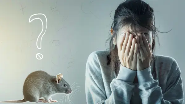 Femme stressée se couvrant le visage face à la présence d’un rat, illustrant l’inquiétude liée à une infestation de rongeurs.