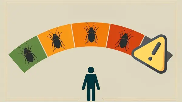 Jauge illustrant les différents niveaux d’infestation de cafards, avec un pictogramme d’alerte indiquant un risque élevé