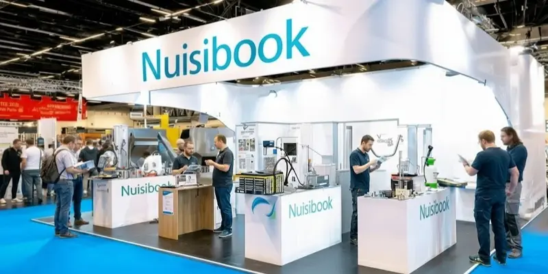 Stand d’exposition Nuisibook dans un salon professionnel, avec un grand panneau lumineux blanc et bleu, des démonstrations d’équipements, des écrans affichant des outils numériques, et plusieurs visiteurs et techniciens en discussion.