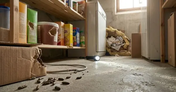 Crottes de rats et traces de gras le long d'un mur indiquant une infestation de rongeurs