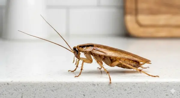 Photographie macro détaillée d'un cafard de maison (blatte germanique) adulte sur un plan de travail de cuisine, montrant sa couleur brun clair et ses deux bandes noires caractéristiques derrière la tête.