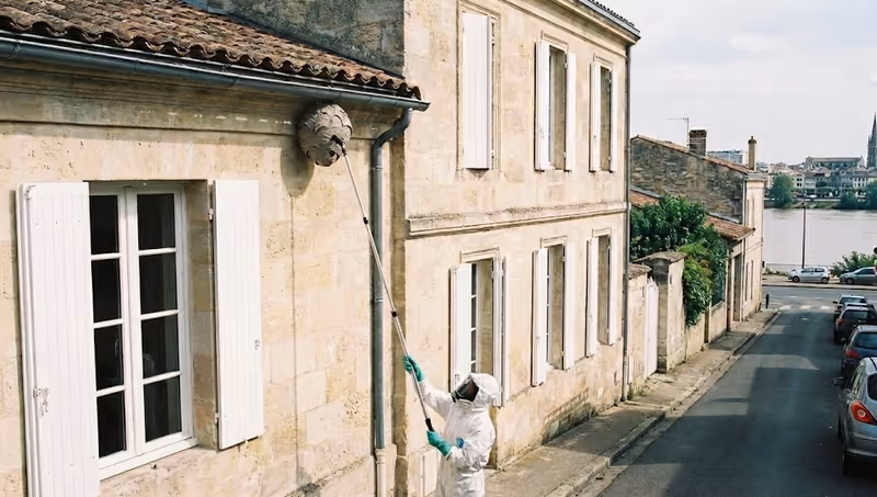 Technicien professionnel équipé détruisant un nid de guêpes sous une toiture à Bordeaux