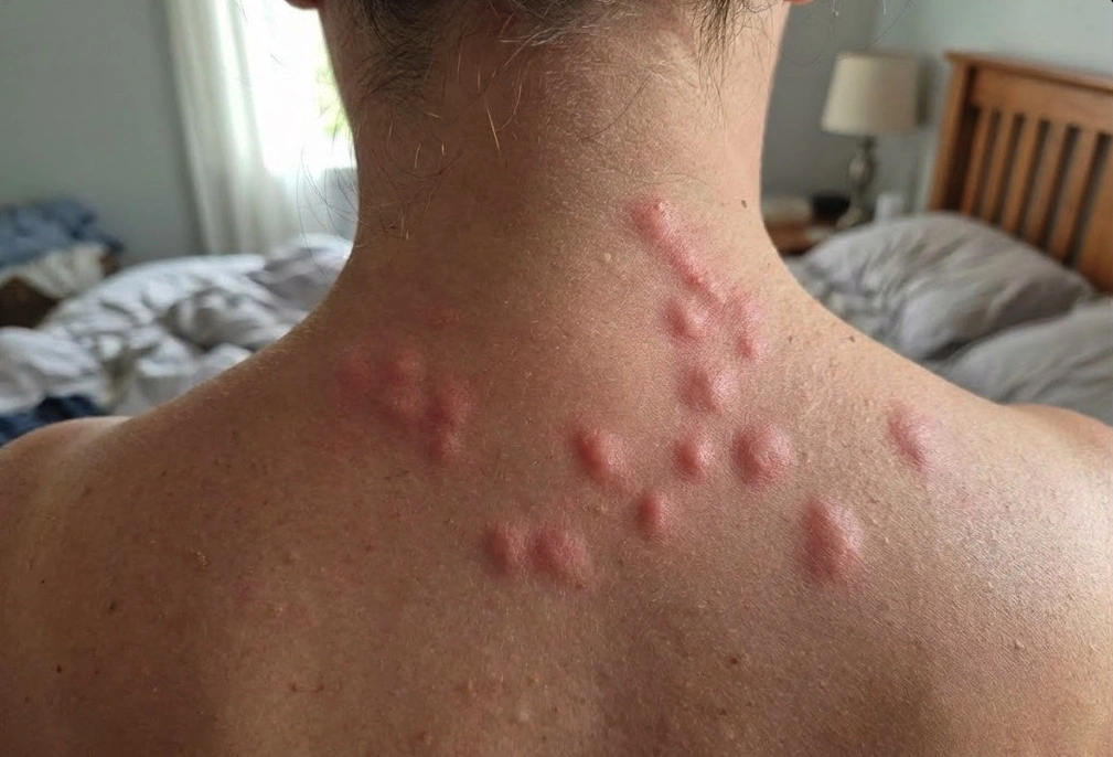 Gros plan sur trois boutons de punaise de lit alignés en chapelet sur une peau claire montrant la disposition caractéristique des piqûres avec rougeur et léger gonflement