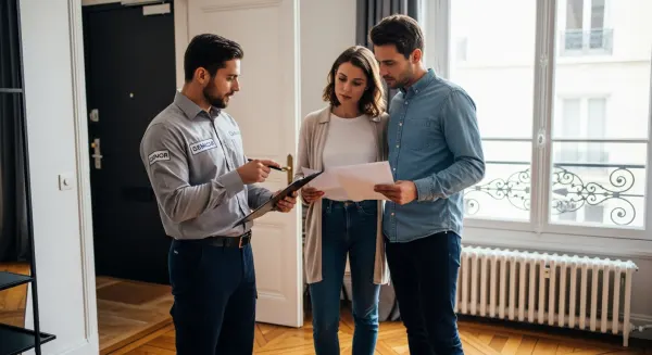 Technicien dératiseur inspectant un appartement pour identifier qui paie la dératisation entre locataire et propriétaire