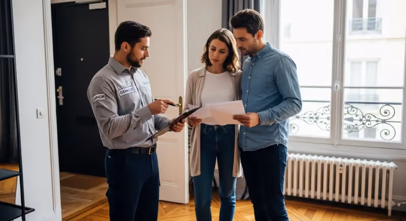 Technicien dératiseur inspectant un appartement pour identifier qui paie la dératisation entre locataire et propriétaire