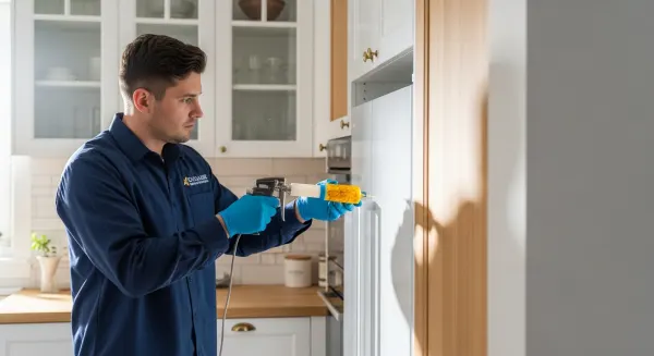 Technicien Nuisibook traitant des cafards derrière un réfrigérateur dans une cuisine moderne