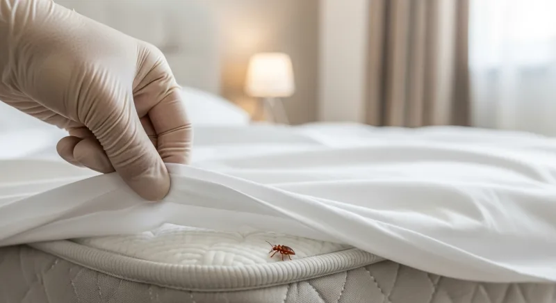 Personne inspectant un matelas à la recherche de punaises de lit avec une lampe torche