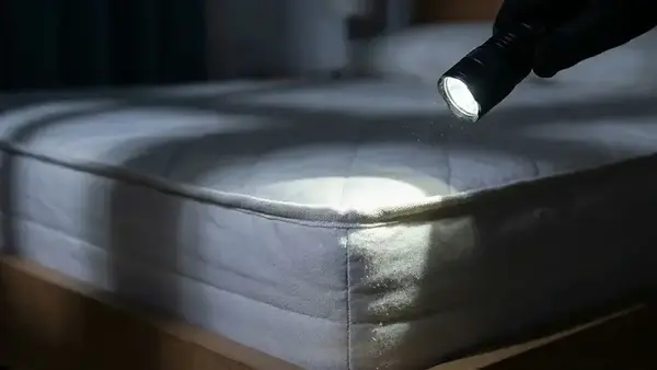 Inspection d'un matelas à la recherche de punaises de lit avec lampe torche