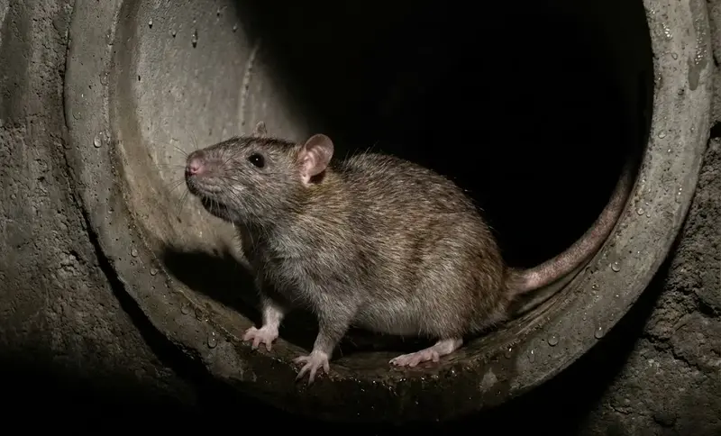 Rat d'égout brun-gris sortant d'une canalisation dans une cave sombre, montrant sa morphologie trapue caractéristique