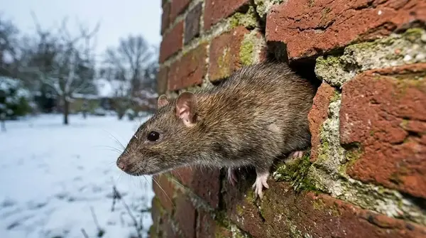 Rat brun cherchant à entrer dans une maison par une fissure pendant l'hiver