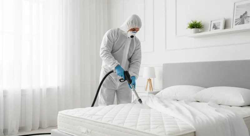 Technicien professionnel traitant un matelas contre les punaises de lit avec un appareil vapeur dans une chambre