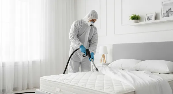 Technicien professionnel traitant un matelas contre les punaises de lit avec un appareil vapeur dans une chambre